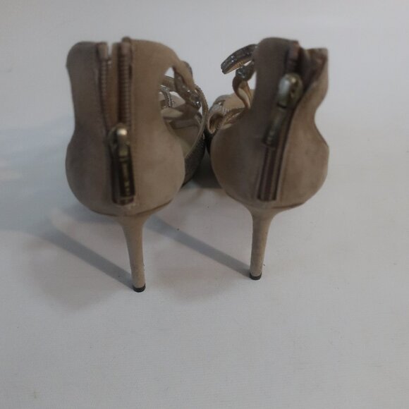 Authentic Jimmy Choo Taupe Bedazzled Suede Ankle Strap Zip Heels 38.5 US/8.5 - Picture 8 of 16